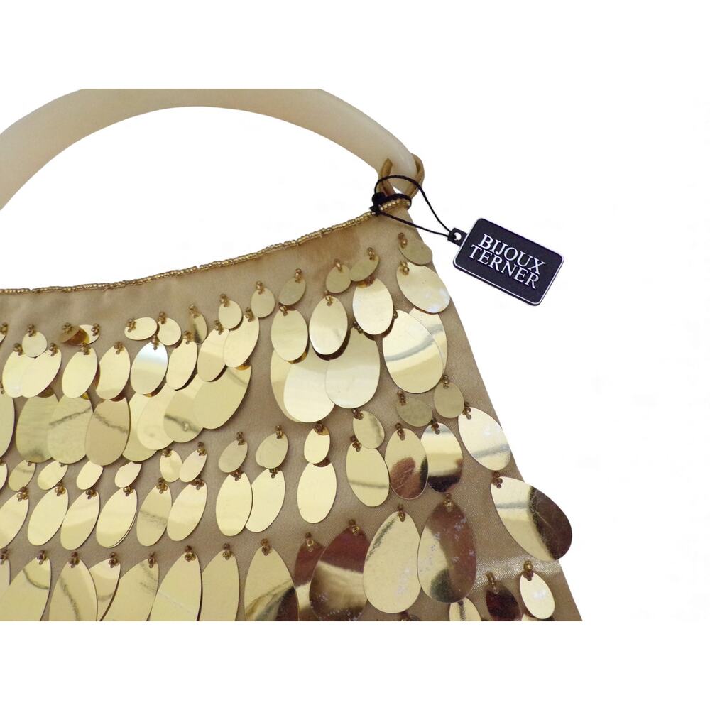 Bijoux Terner Bag Gold Beads Metal Teardrop Decoration Satin Vtg Plastic Handle - Picture 2 of 5